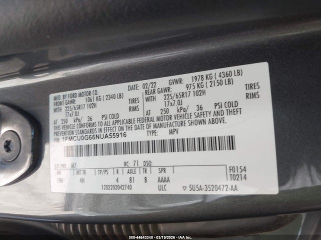 44643340 :رقم المزاد ، 1FMCU0G66NUA55916 vin ، 2022 Ford Escape Se مزاد بيع