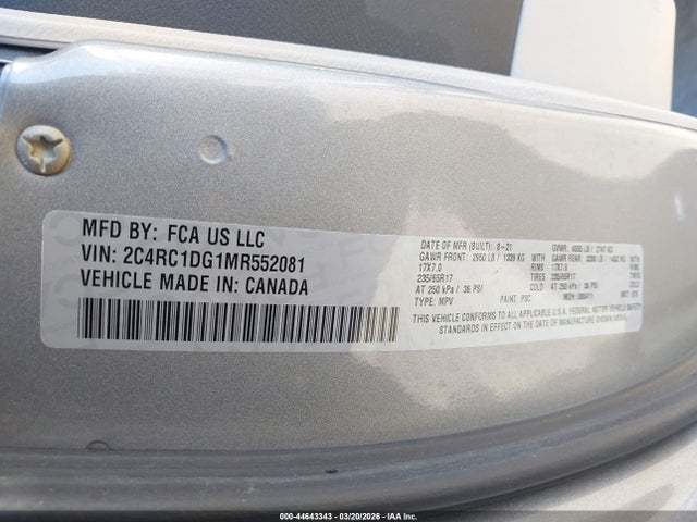 Aukcja sprzedaży 2021 Chrysler Voyager Lxi, vin: 2C4RC1DG1MR552081, numer aukcji: 44643343