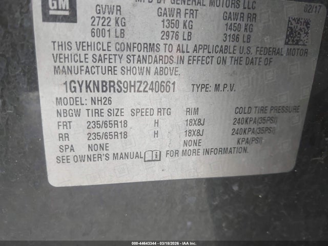44643344 :رقم المزاد ، 1GYKNBRS9HZ240661 vin ، 2017 Cadillac Xt5 Luxury مزاد بيع