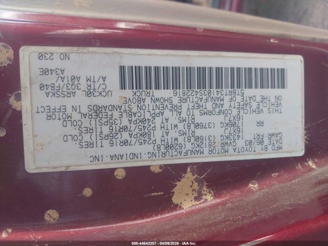 44643357 :رقم المزاد ، 5TBRT34103S422816 vin ، 2003 Toyota Tundra Sr5 V8 مزاد بيع