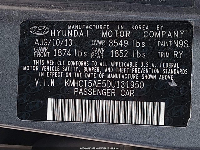 Продажа на аукционе авто 2013 Hyundai Accent Gs, vin: KMHCT5AE5DU131950, номер лота: 44643367
