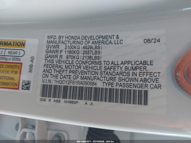 44643371 :رقم المزاد ، 1HGCY2F61RA090684 vin ، 2024 Honda Accord Hybrid Ex-l مزاد بيع