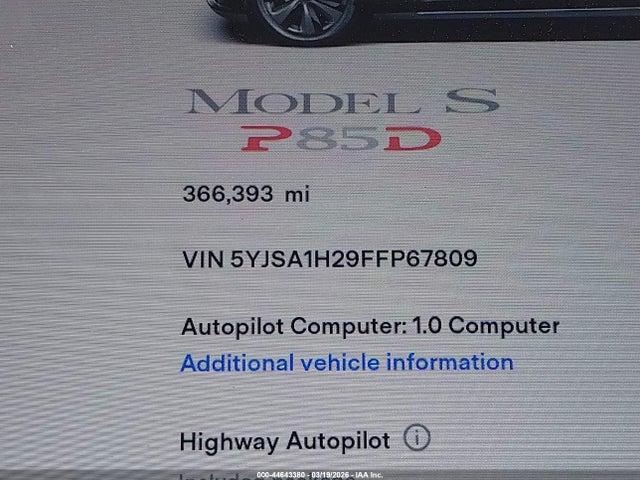 44643380 :رقم المزاد ، 5YJSA1H29FFP67809 vin ، 2015 Tesla Model S 70d/85d/p85d مزاد بيع