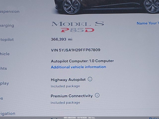 44643380 :رقم المزاد ، 5YJSA1H29FFP67809 vin ، 2015 Tesla Model S 70d/85d/p85d مزاد بيع