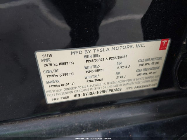 44643380 :رقم المزاد ، 5YJSA1H29FFP67809 vin ، 2015 Tesla Model S 70d/85d/p85d مزاد بيع