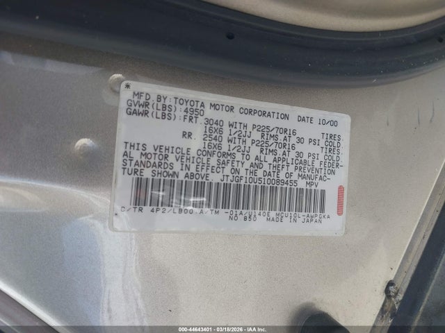 2001 Lexus Rx 300 მანქანა იყიდება აუქციონზე, vin: JTJGF10U510089455, აუქციონის ნომერი: 44643401