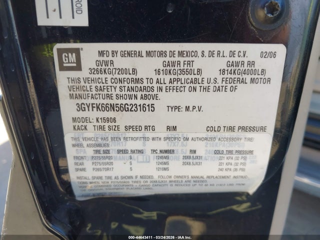 Продаж на аукціоні авто 2006 Cadillac Escalade Esv Standard, vin: 3GYFK66N56G231615, номер лоту: 44643411