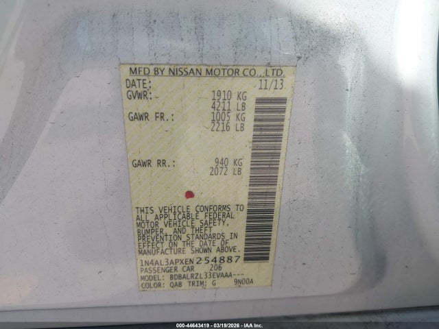 1N4AL3APXEN254887 Nissan Altima 2.5 S