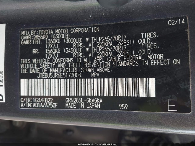 Продажа на аукционе авто 2014 Toyota 4runner Limited/sr5/sr5 Premium/trail/trail Premium, vin: JTEBU5JR6E5173003, номер лота: 44643430