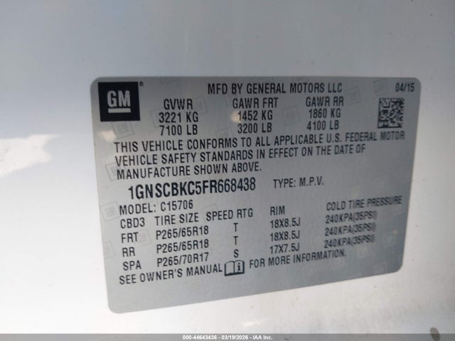 1GNSCBKC5FR668438 Chevrolet Tahoe Lt