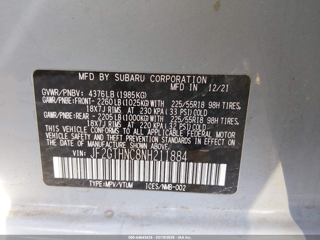 44643438 :رقم المزاد ، JF2GTHNC8NH211884 vin ، 2022 Subaru Crosstrek Limited مزاد بيع