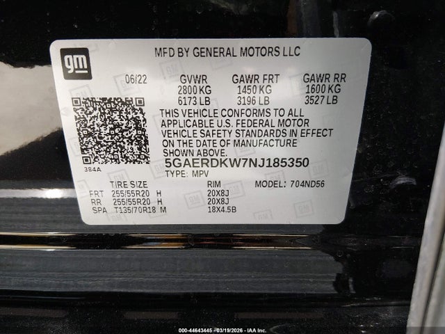 44643445 :رقم المزاد ، 5GAERDKW7NJ185350 vin ، 2022 Buick Enclave Fwd Avenir مزاد بيع