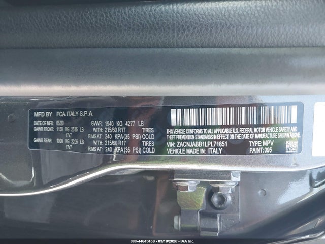 Aukcja sprzedaży 2020 Jeep Renegade Latitude Fwd, vin: ZACNJABB1LPL71851, numer aukcji: 44643450