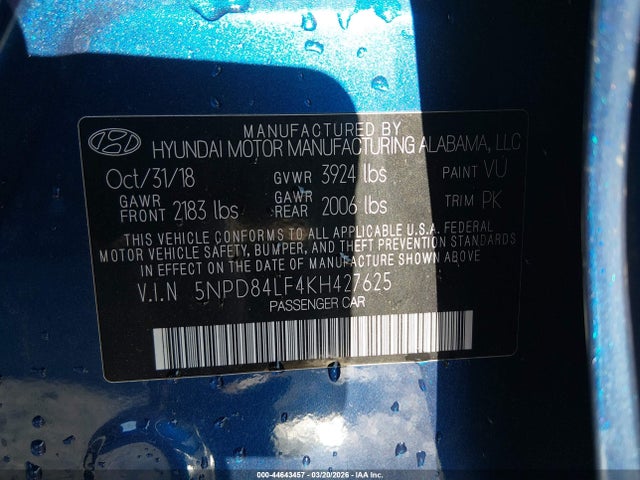 Продаж на аукціоні авто 2019 Hyundai Elantra Sel, vin: 5NPD84LF4KH427625, номер лоту: 44643457