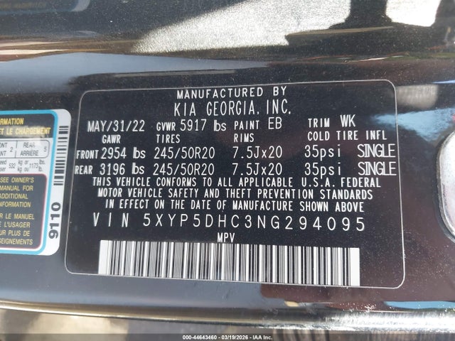 Продаж на аукціоні авто 2022 Kia Telluride Sx, vin: 5XYP5DHC3NG294095, номер лоту: 44643460
