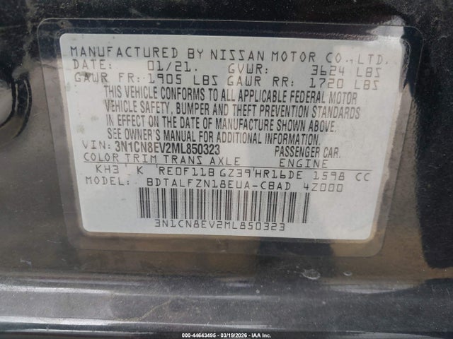 Aukcja sprzedaży 2021 Nissan Versa Sv Xtronic Cvt, vin: 3N1CN8EV2ML850323, numer aukcji: 44643495