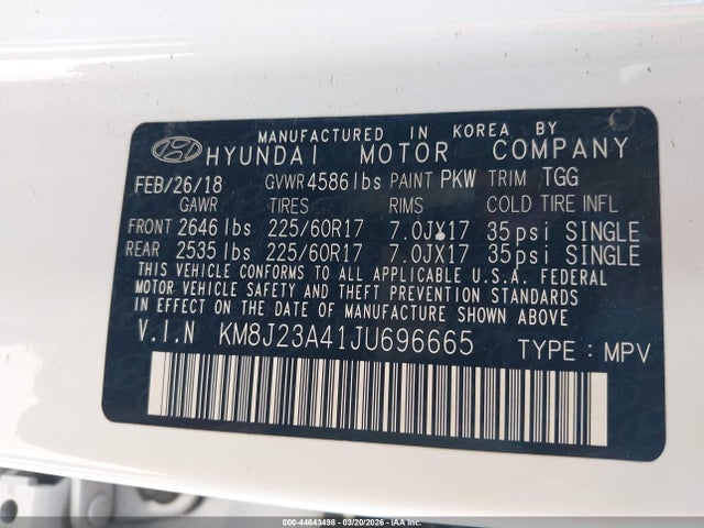 KM8J23A41JU696665 Hyundai TUCSON SE