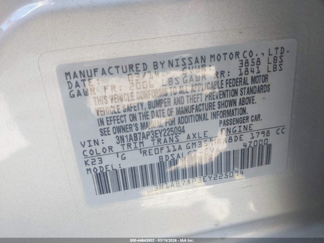 44643502 :رقم المزاد ، 3N1AB7AP3EY225094 vin ، 2014 Nissan Sentra Sl مزاد بيع