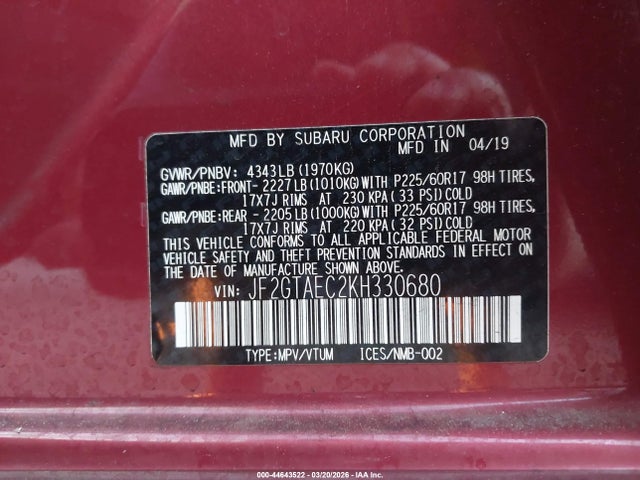 44643522 :رقم المزاد ، JF2GTAEC2KH330680 vin ، 2019 Subaru Crosstrek 2.0i Premium مزاد بيع