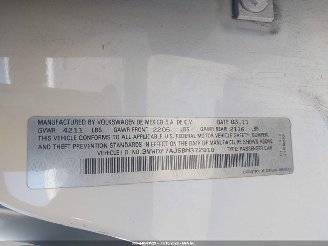Aukcja sprzedaży 2011 Volkswagen Jetta 2.5l Se, vin: 3VWDZ7AJ5BM372910, numer aukcji: 44643529