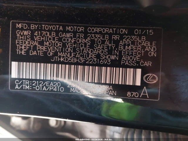 Aukcja sprzedaży 2015 Lexus Ct 200h, vin: JTHKD5BH3F2231693, numer aukcji: 44643548