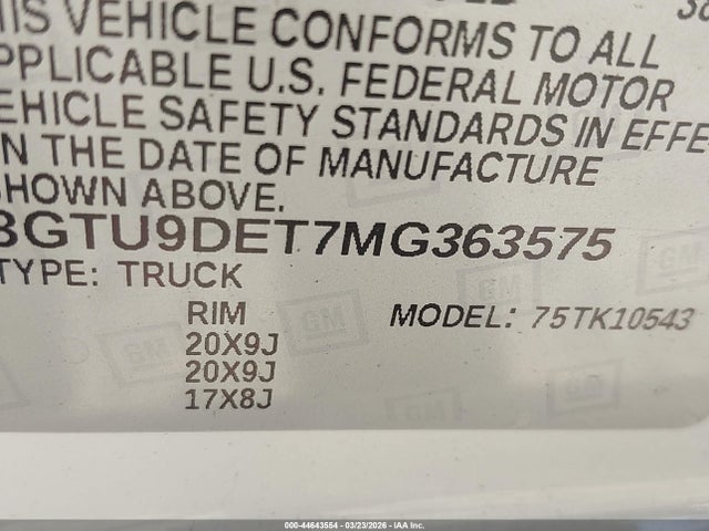 Aukcja sprzedaży 2021 Gmc Sierra 1500, vin: 3GTU9DET7MG363575, numer aukcji: 44643554