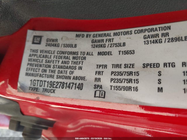 44643570 :رقم المزاد ، 1GTDT19E278147140 vin ، 2007 Gmc Canyon Sle1 مزاد بيع