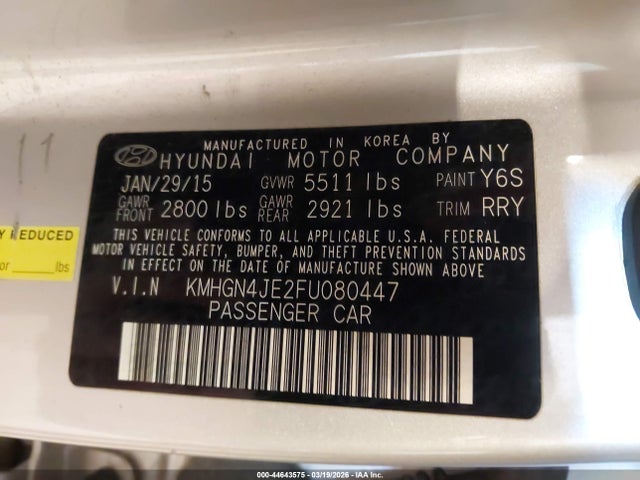 2015 Hyundai Genesis 3.8 მანქანა იყიდება აუქციონზე, vin: KMHGN4JE2FU080447, აუქციონის ნომერი: 44643575