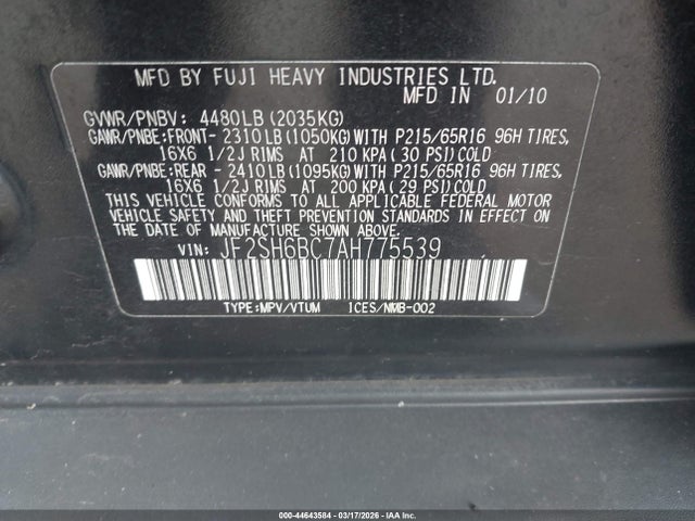 Продажа на аукционе авто 2010 Subaru Forester 2.5x, vin: JF2SH6BC7AH775539, номер лота: 44643584