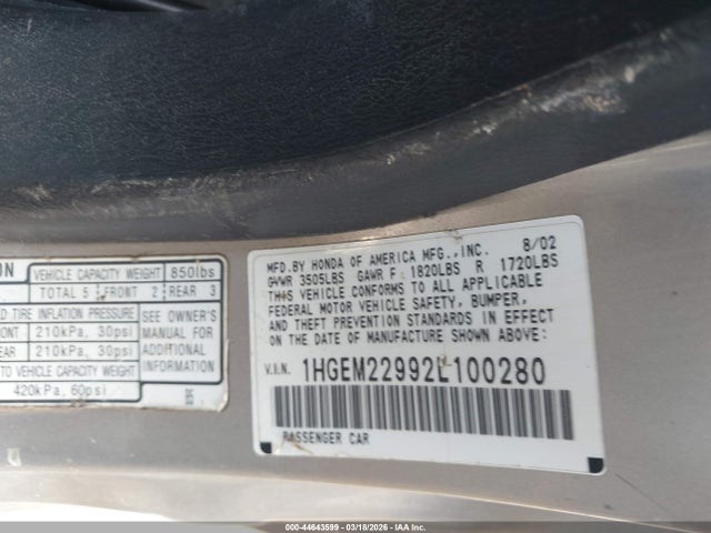2002 Honda Civic Ex მანქანა იყიდება აუქციონზე, vin: 1HGEM22992L100280, აუქციონის ნომერი: 44643599