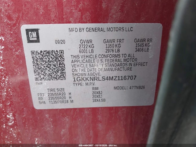 44643607 :رقم المزاد ، 1GKKNRLS4MZ116707 vin ، 2021 Gmc Acadia Awd Sle مزاد بيع