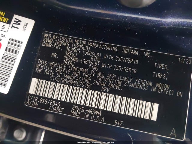 Продажа на аукционе авто 2021 Toyota Highlander Xle, vin: 5TDGZRBH8MS070165, номер лота: 44643611