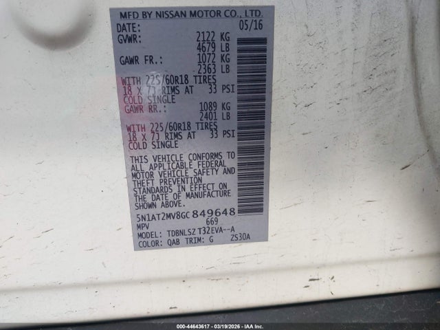 2016 Nissan Rogue Sl მანქანა იყიდება აუქციონზე, vin: 5N1AT2MV8GC849648, აუქციონის ნომერი: 44643617