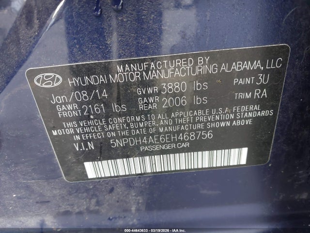 5NPDH4AE6EH468756 Hyundai ELANTRA SE