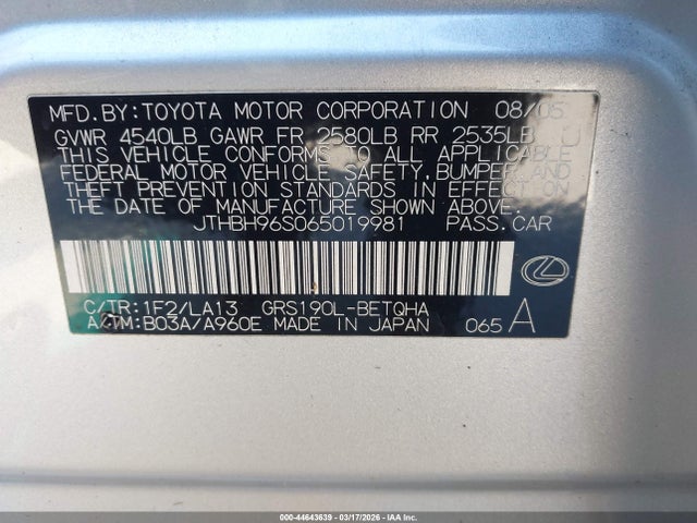 Продаж на аукціоні авто 2006 Lexus Gs 300, vin: JTHBH96S065019981, номер лоту: 44643639