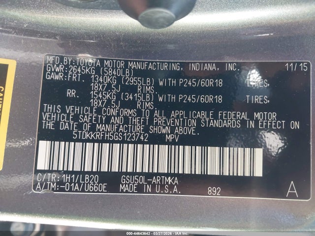Toyota Highlander Xle V6 2016 5TDKKRFH5GS123742 Image 9