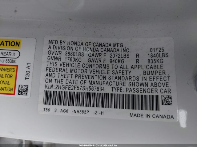 Продаж на аукціоні авто 2025 Honda Civic Sport, vin: 2HGFE2F57SH567834, номер лоту: 44643649