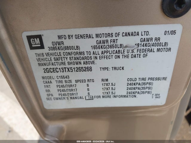 Aukcja sprzedaży 2005 Chevrolet Silverado 1500 Ls, vin: 2GCEC13TX51265268, numer aukcji: 44643659
