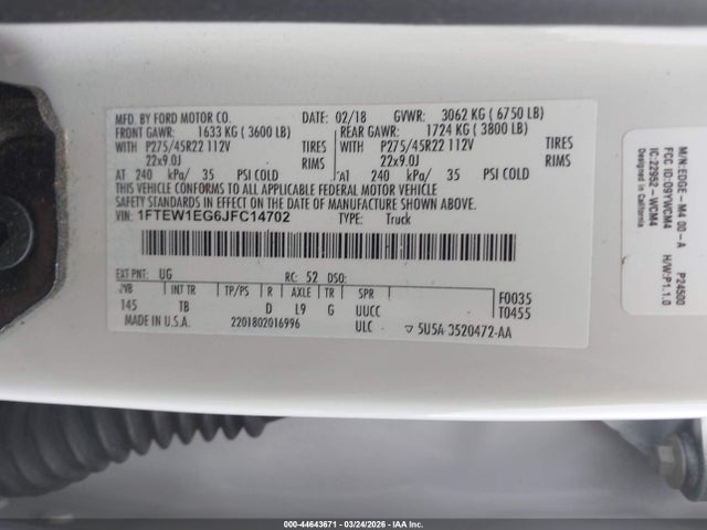 Продажа на аукционе авто 2018 Ford F-150 Limited, vin: 1FTEW1EG6JFC14702, номер лота: 44643671