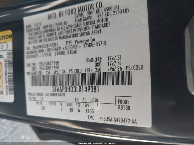 Ford FUSION SE 2020 3FA6P0HD3LR149381 Image 9