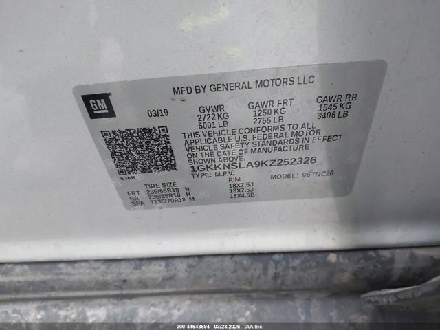 44643694 :رقم المزاد ، 1GKKNSLA9KZ252326 vin ، 2019 Gmc Acadia Sle-2 مزاد بيع