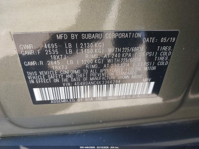 Продажа на аукционе авто 2019 Subaru Outback 2.5i Limited, vin: 4S4BSANC6K3366294, номер лота: 44643699
