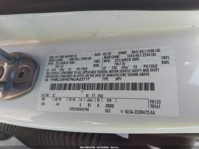 Продаж на аукціоні авто 2022 Ford Escape Sel, vin: 1FMCU9H67NUA22717, номер лоту: 44643706