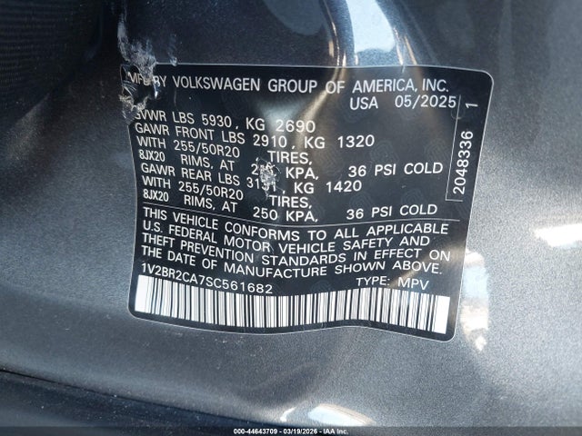 Aukcja sprzedaży 2025 Volkswagen Atlas 2.0t Sel, vin: 1V2BR2CA7SC561682, numer aukcji: 44643709