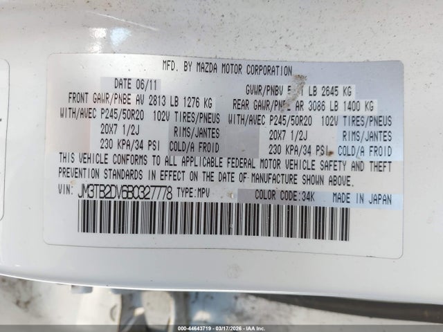 Продажа на аукционе авто 2011 Mazda Cx-9 Grand Touring, vin: JM3TB2DV6B0327778, номер лота: 44643719