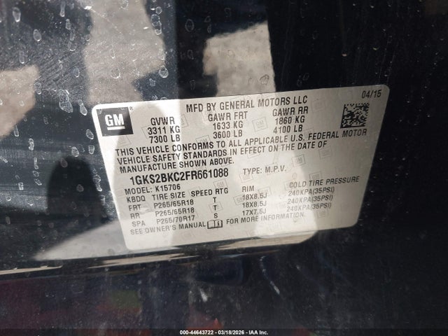 44643722 :رقم المزاد ، 1GKS2BKC2FR661088 vin ، 2015 Gmc Yukon Slt مزاد بيع