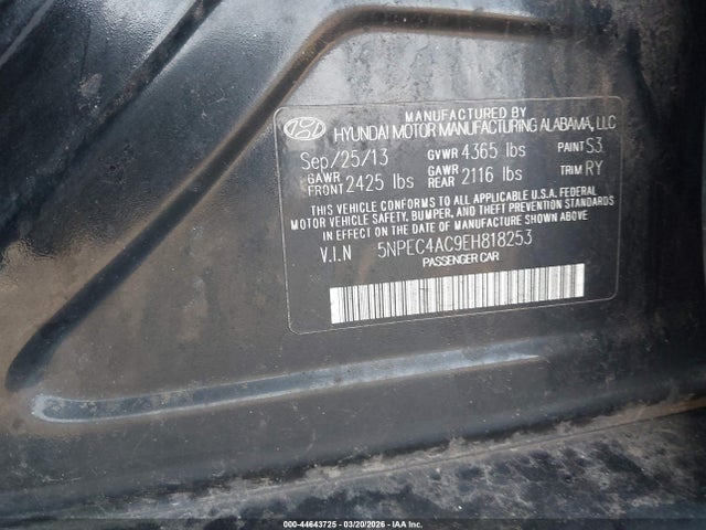 2014 Hyundai Sonata Se მანქანა იყიდება აუქციონზე, vin: 5NPEC4AC9EH818253, აუქციონის ნომერი: 44643725