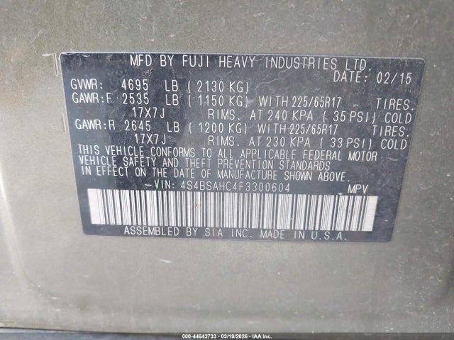 Subaru Outback 2.5i Premium 2015 4S4BSAHC4F3300604 Image 9