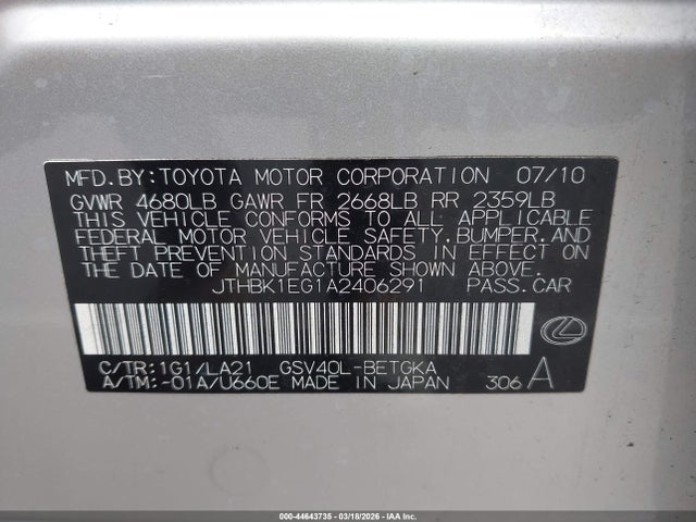44643735 :رقم المزاد ، JTHBK1EG1A2406291 vin ، 2010 Lexus Es 350 مزاد بيع