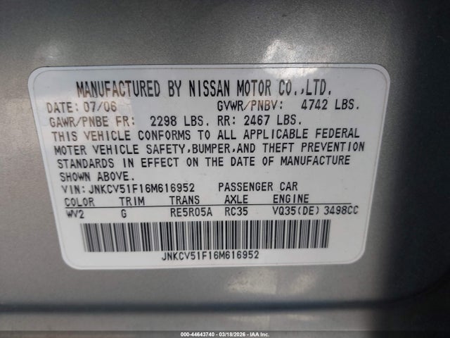 Продажа на аукционе авто 2006 Infiniti G35x, vin: JNKCV51F16M616952, номер лота: 44643740